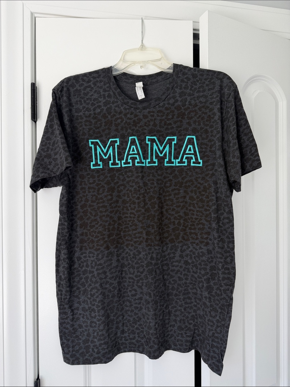 “MAMA” Graphic T-Shirt- Black Leopard Print/ Blue- Women L